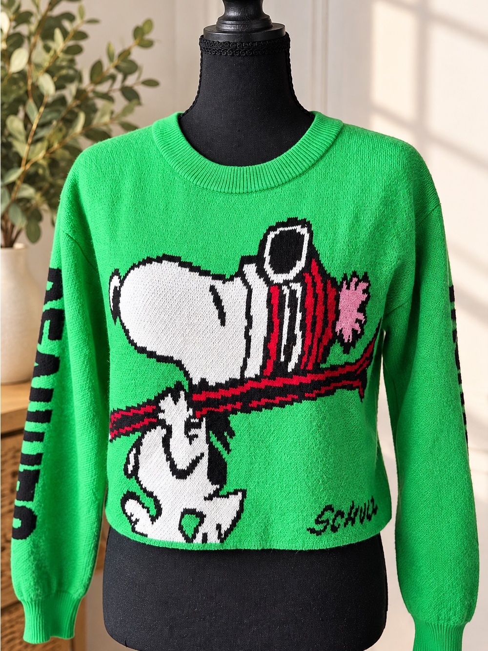 H&M Peanuts Snoopy Vacay Mode Green Crop Sweater Girls 12/14
